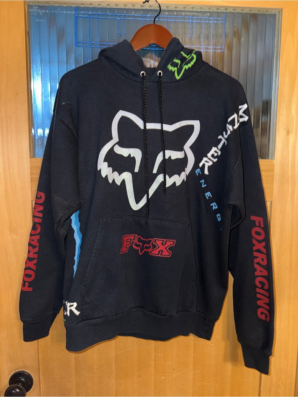 VNT  Y2K Fox Monster Energy Men's Hoodie Size Large L Black Racing Motorcycle